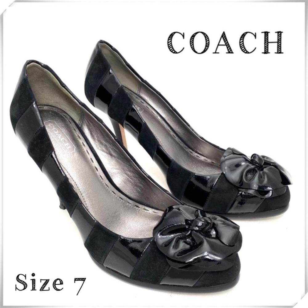 COACH Patent Leather Flower Appliqué Stripe Platform Heel Pumps in Black Size 7